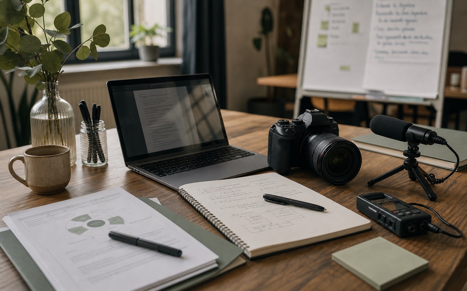 Ruhiger Arbeitsplatz mit Kamera, Mikrofon, Laptop und Seminarunterlagen