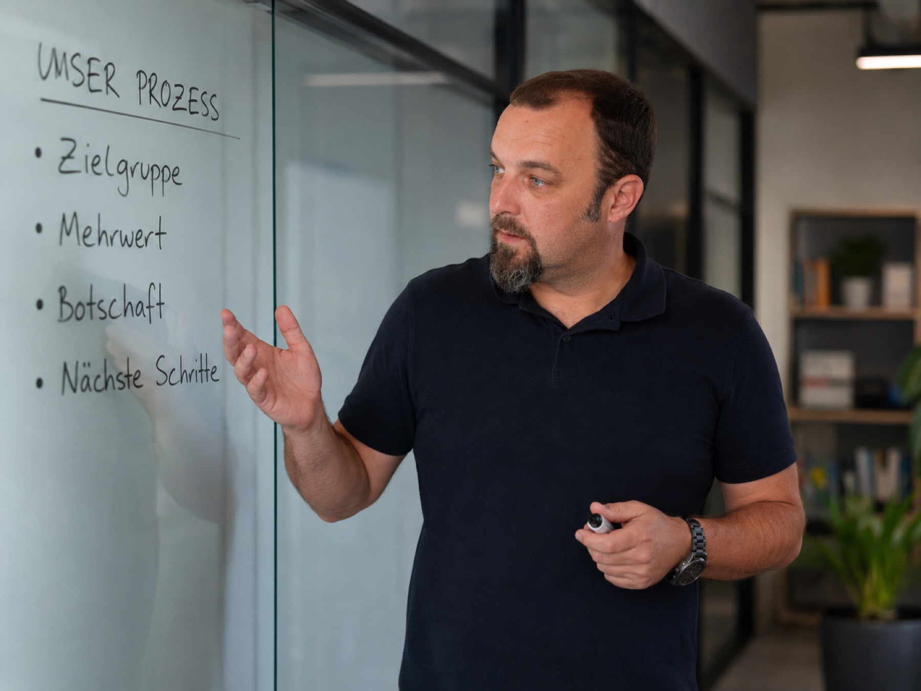 Beratungssituation vor einem Whiteboard mit Zielgruppe, Mehrwert und nächsten Schritten